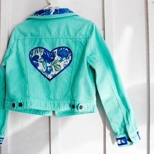 Upcycled Medium Turquoise JC PENNY Jean Denim Jacket w Blue Rose Embellishment